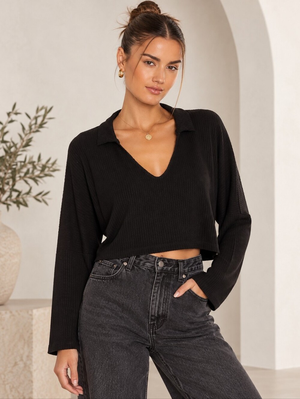 LNA Cropped Cape Top Size S Black Revolve Ribbed Pullover